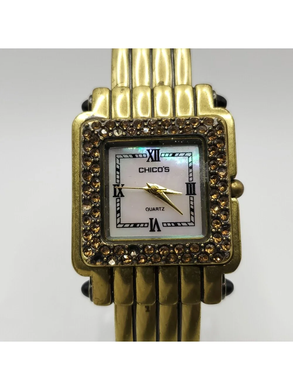 Chico's Cuff Band Gem Bezel Womens Watch 28mm MOP Dial New Battery